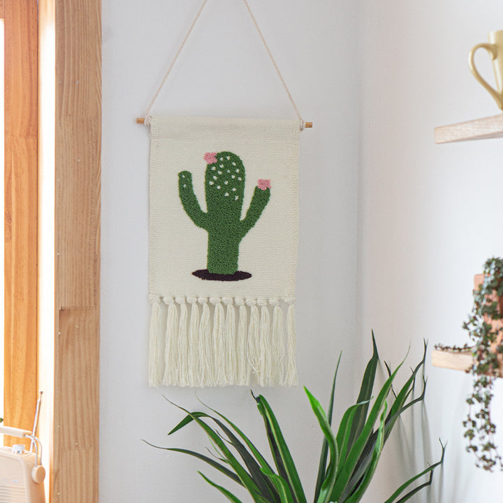 Woven cotton blend wall hanging with tufted cactus motif and cotton fringes Stornfield