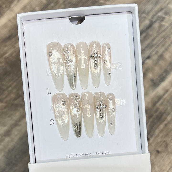 Elegant Decorative Press-On Nail Set with Rhinestone Cross Accents Stornfield