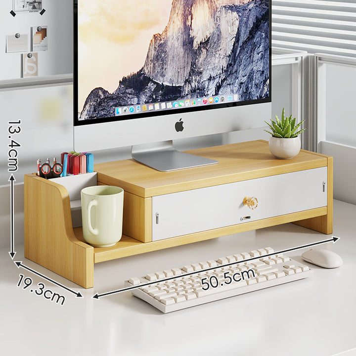 Elevated Bamboo Desktop Stand with Lockable Drawer and Integrated Cup & Stationery Caddy