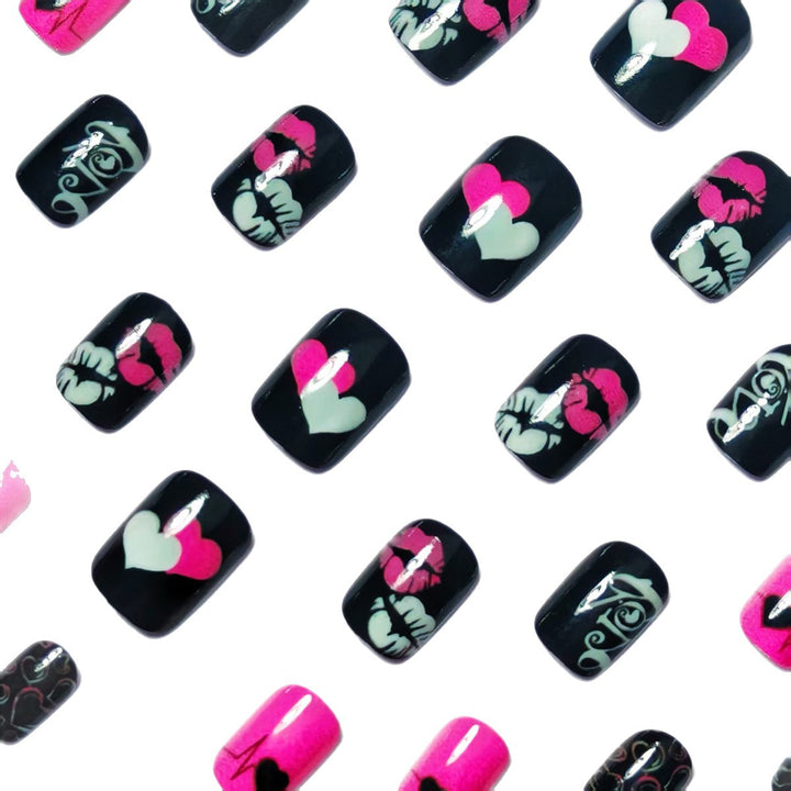 Acrylic nail design with hearts and kiss motifs Stornfield