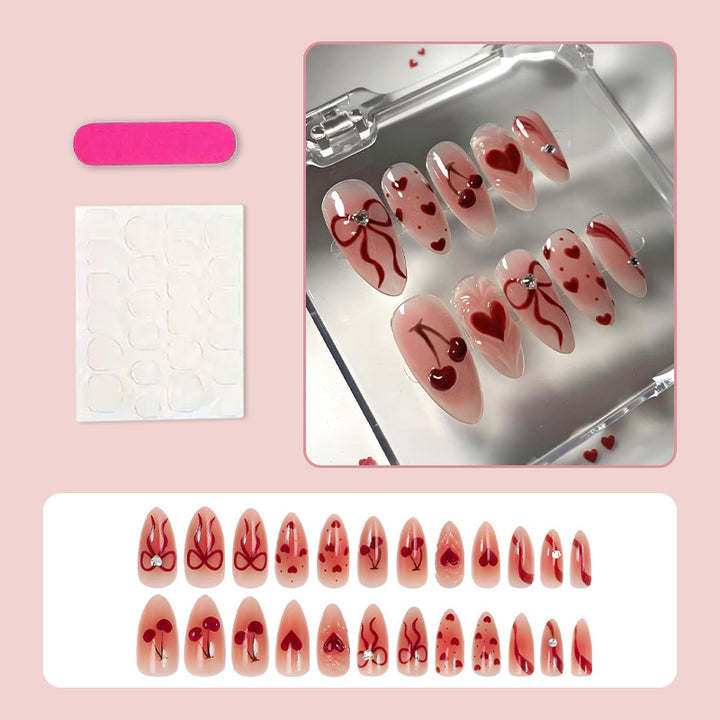 Artificial nail set with romantic heart and cherry motifs Stornfield