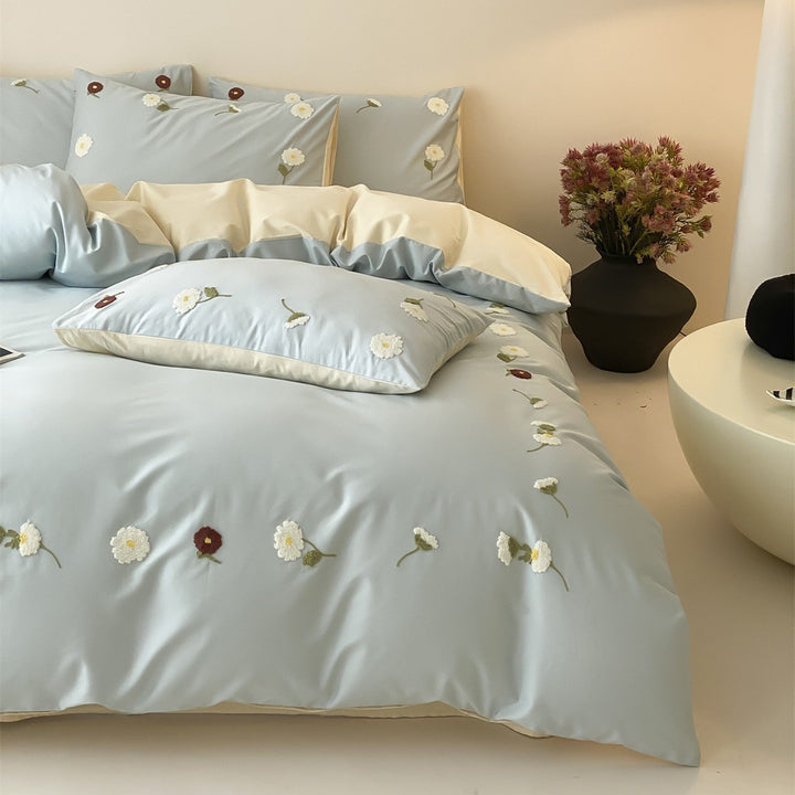 Embroidered Floral Cotton-Sateen Duvet Cover Ensemble with Reversible Satin Back & Oxford Shams
