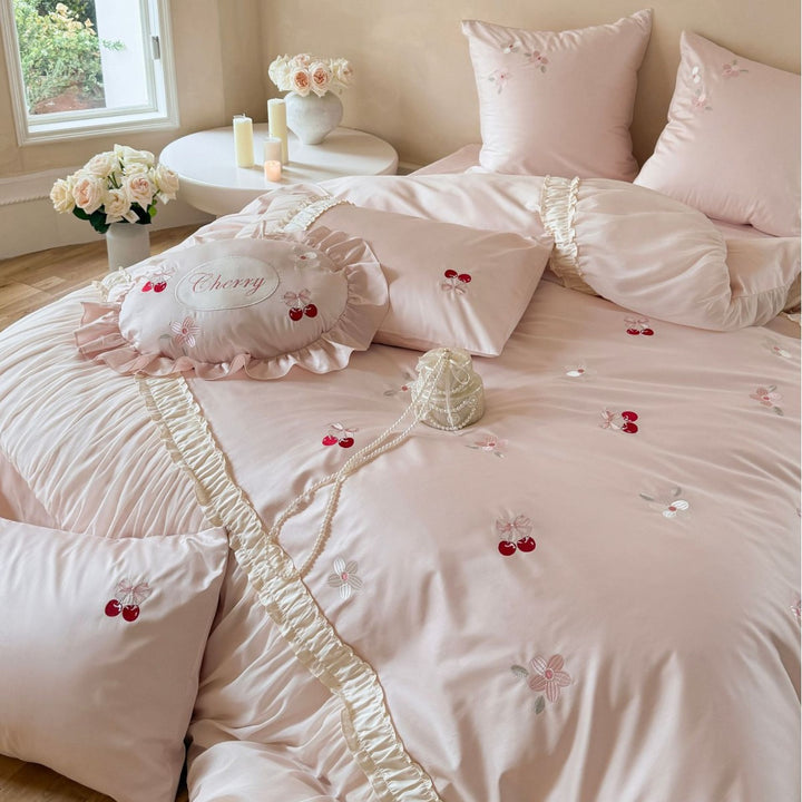 Ruffled Embroidered Cherry Cotton Sateen Duvet Cover Bedding Set with Decorative Round Throw Pillow