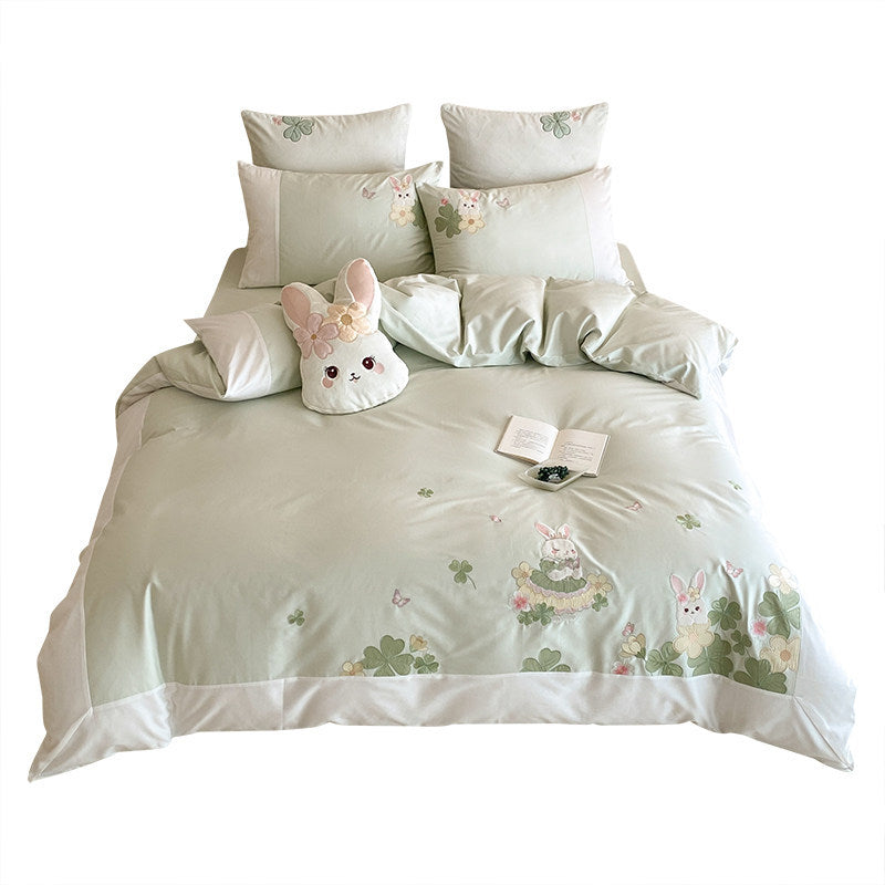 Embroidered Bunny Cotton Sateen Duvet Cover Set with Pillow Shams and Plush Accent Cushion