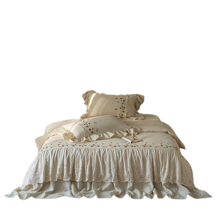 Embroidered Linen Ruffled Bedspread Set with Lace Trim