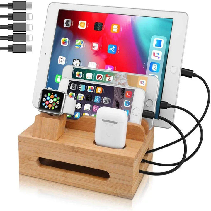 Stornfield | Tekavo Bamboo Charging Station – 5-Port USB Organiser with Cable Set