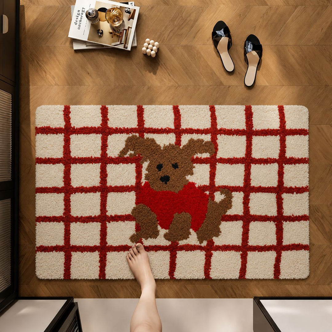 Tufted Shag Rectangular Accent Floor Rug with Stylized Dog Silhouette Motif