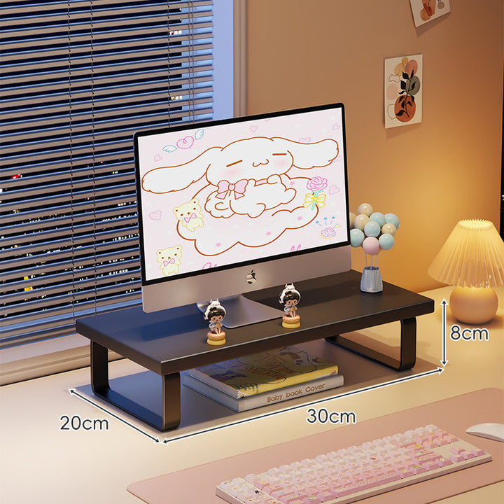 Low-Profile Wooden Monitor Riser with Metal Legs and Under-Shelf Storage