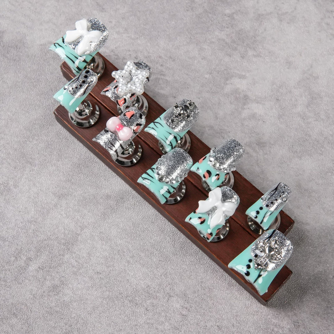 Decorative Press-On Nail Art Set with Glitzy Silver Accents