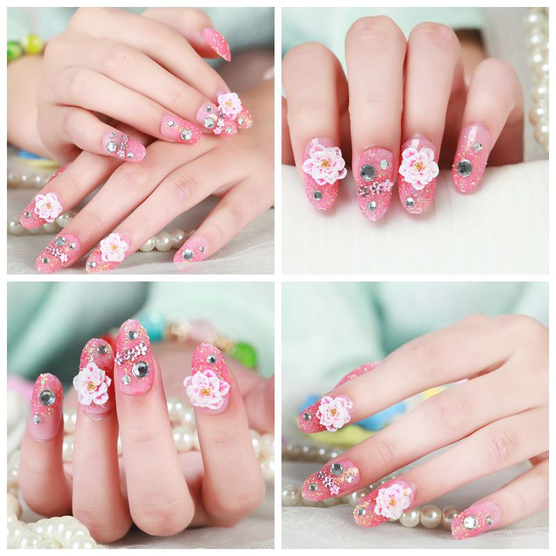 Artificial nails with elegant flower and rhinestone design Stornfield