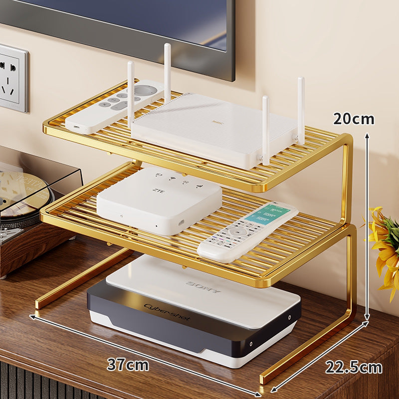 Two-Tier Ventilated Metal Electronics Organizer Shelf for Routers, Set-Top Boxes and Remotes
