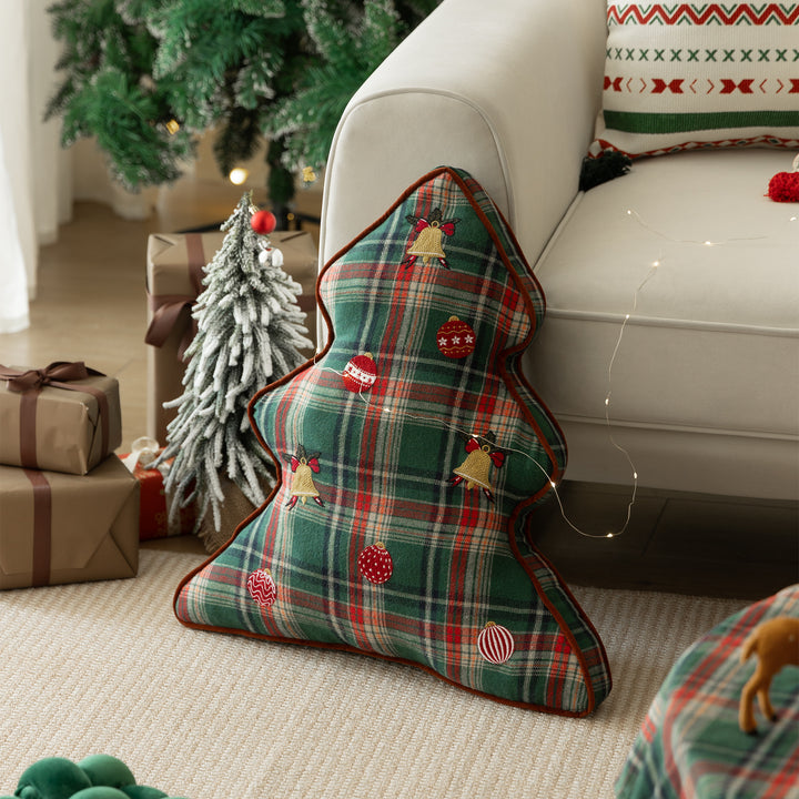 Christmas tree-shaped decorative pillow made of checked flannel with embroidered appliqués Stornfield