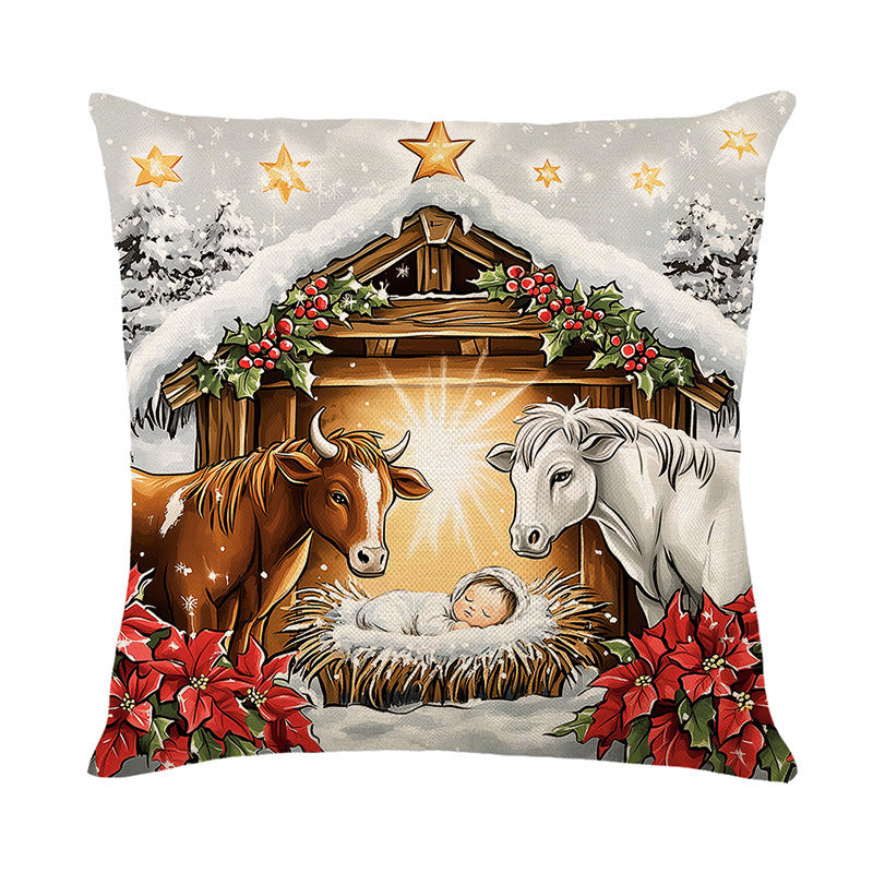 Holiday Nativity Manger Illustration Cotton-Linen Decorative Pillow Cover