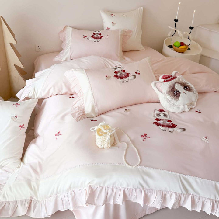Ruffled Satin-Feel Embroidered Kitten Motif Duvet Cover Set with Plush Decorative Pillow