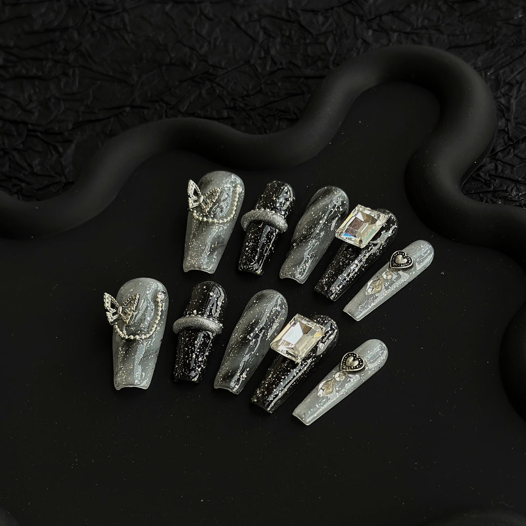 Decorative Press-On Nail Art Set with Gem and Velvet Accents