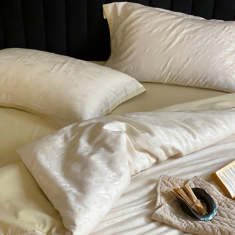 Luxurious satin bedding set with subtle floral jacquard
