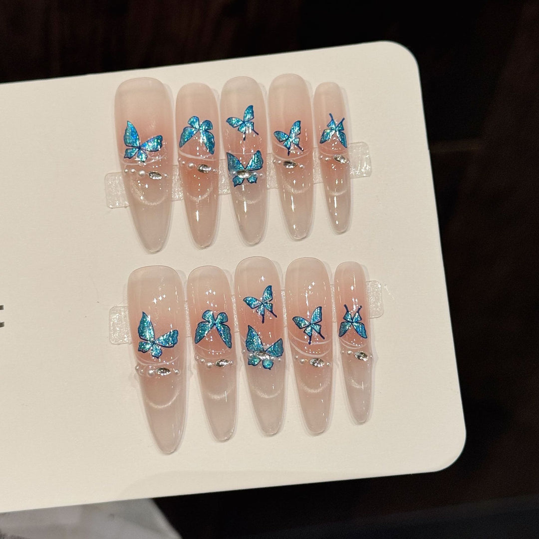 Artistic Press-On Nail Set with Butterfly Accents