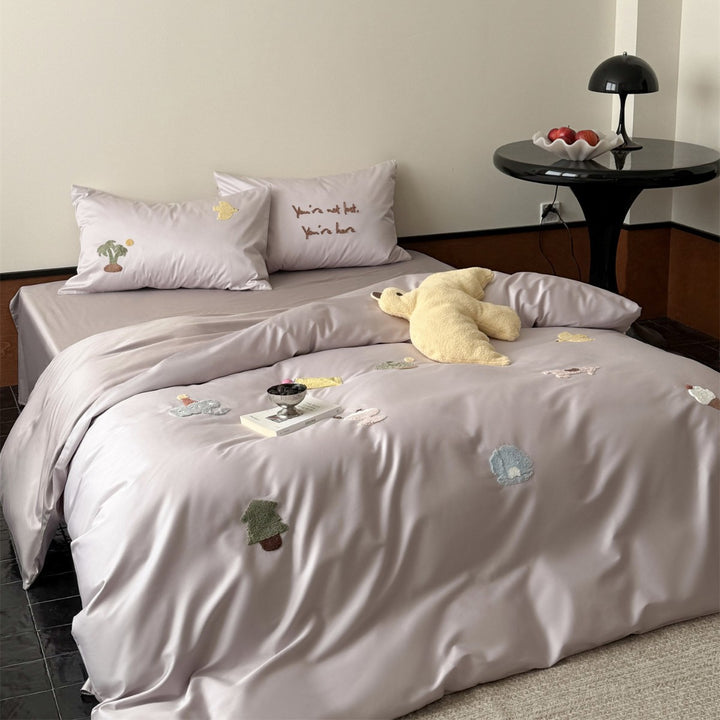 Playful Embroidered Satin-Feel Duvet Cover & Sheet Set
