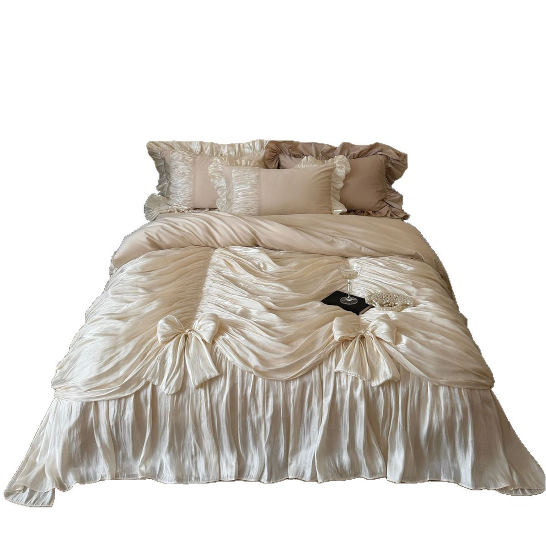 Romantic Ruffled Satin Bedspread with Bows and Gathered Edge