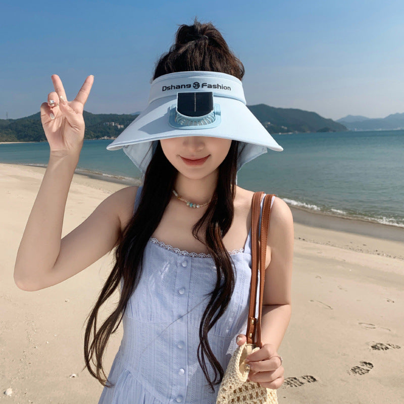 Visor with integrated solar fan, solar module, and neck protection Stornfield