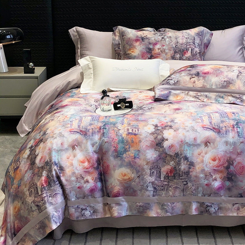 Satin-Feel Watercolor Floral Duvet Cover Set with Pillow Shams