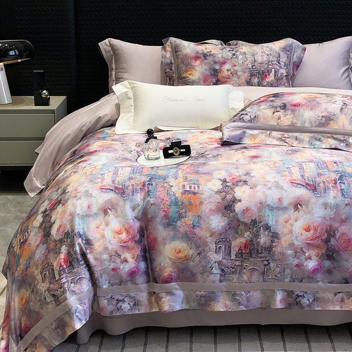 Satin-Feel Watercolor Floral Duvet Cover Set with Pillow Shams