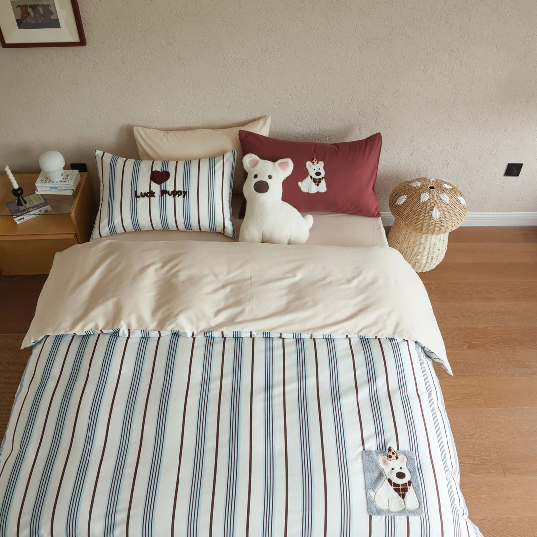Striped Cotton Sateen Duvet Cover Set with Embroidered Puppy Applique & Pillow Shams