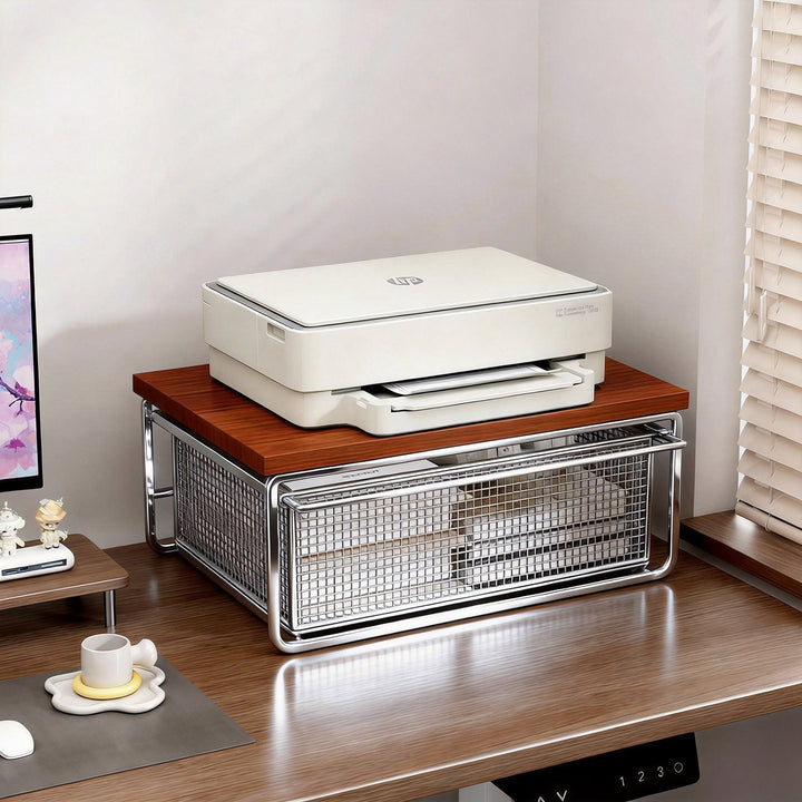 Desktop Printer & Office Equipment Riser with Wooden Top and Sliding Mesh Drawer