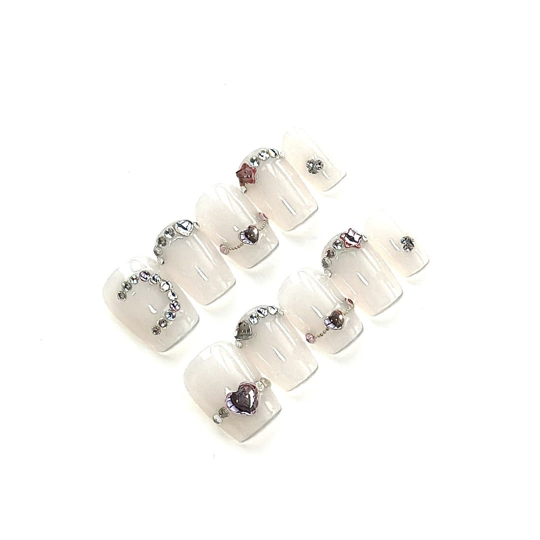 Decorative Press-On Nail Art Set with Gem and Heart Accents
