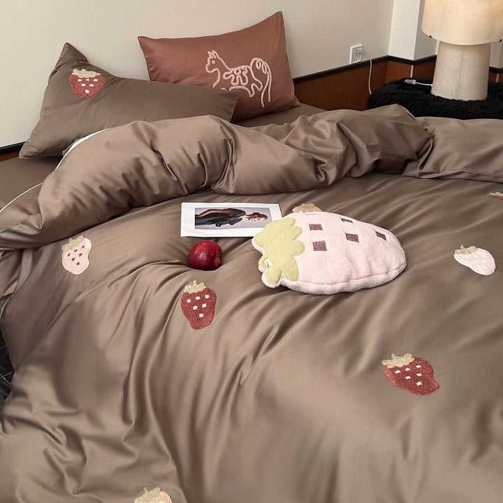 Silky Satin Strawberry Appliqué Reversible Duvet Cover & Pillow Sham Set