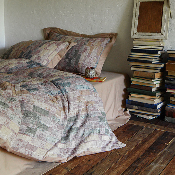 Quilted Cotton-Linen Abstract Block-Pattern Duvet Cover Set with Euro Shams & Deep-Pocket Fitted Sheet