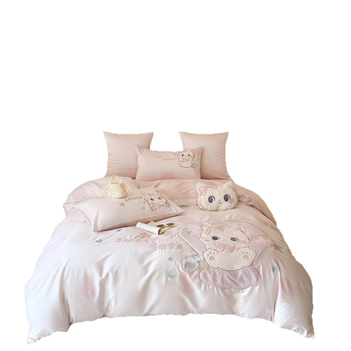 Girls' bedding set in Kawaii look with velvet appliqué and embroidered cat motifs