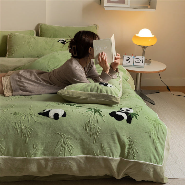 Cotton duvet cover set with relief bamboo and panda tufting