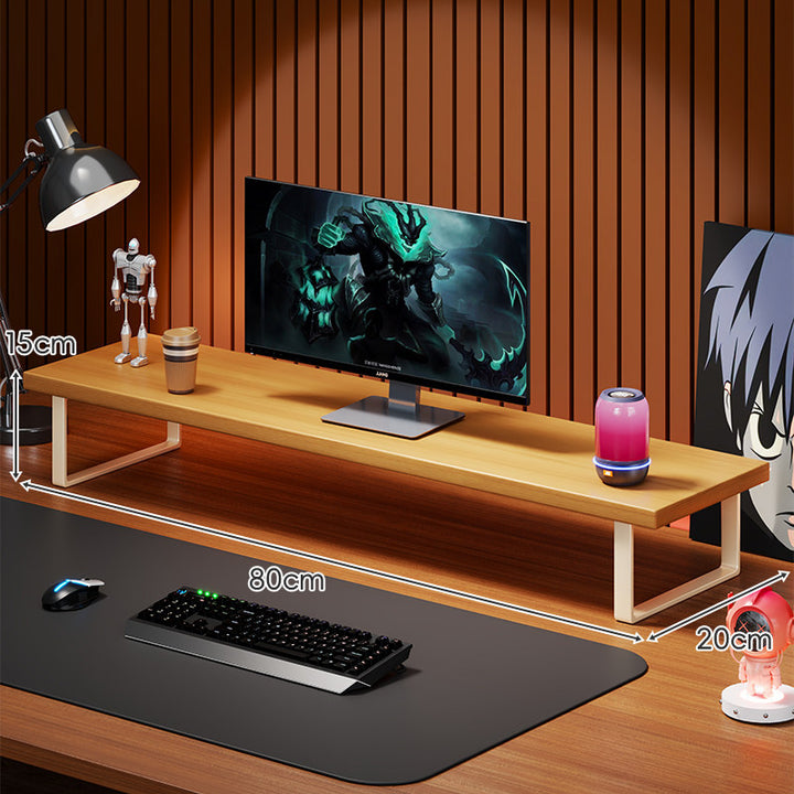 Solid Wood Monitor Riser with U-Frame Metal Legs and Hidden Under-Shelf Storage