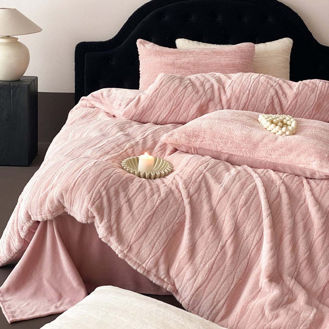 Embossed Floral Jacquard Duvet Cover Set with Ruffled Pillow Shams