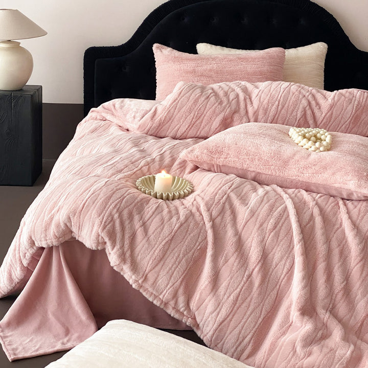 Embossed Floral Jacquard Duvet Cover Set with Ruffled Pillow Shams