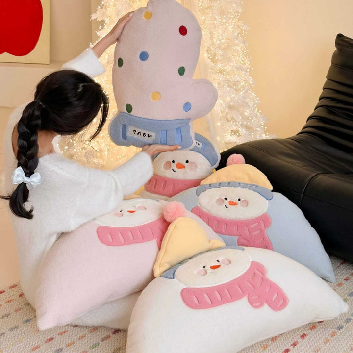Plush Semi-Circle Decorative Throw Pillow with Snowman Appliqué and Pom-Pom Hat