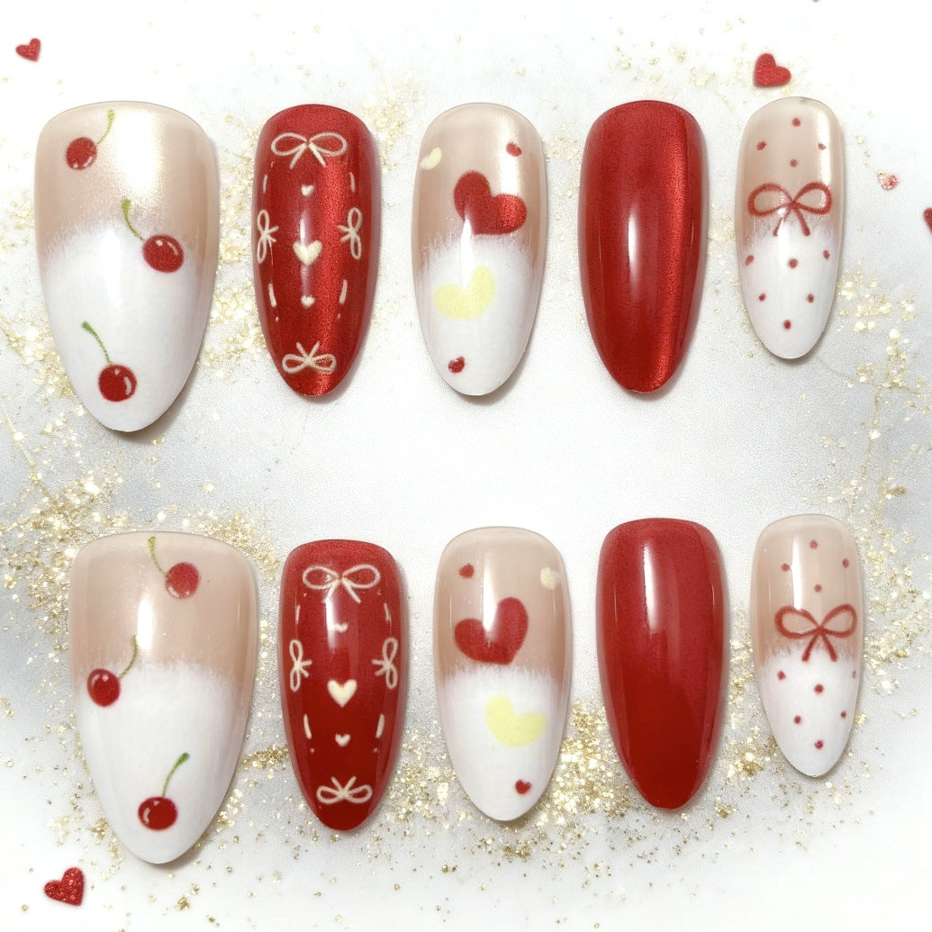 Creative Press-On Nail Art Set with Fruit and Heart Designs
