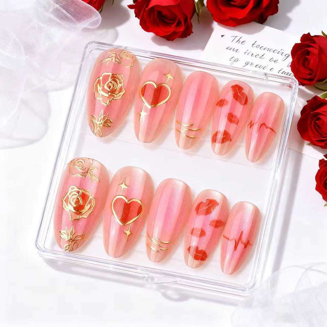 Romantic Heart and Rose-Themed Press-On Nail Art
