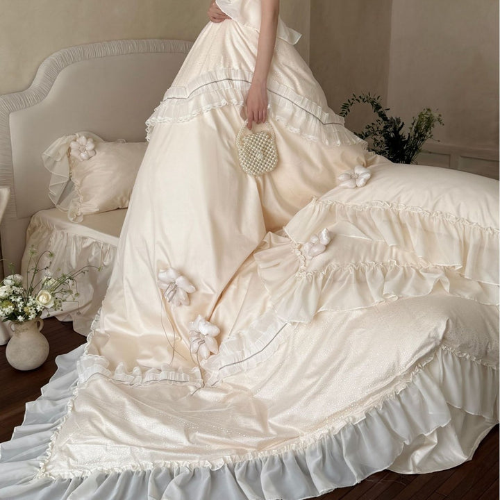 Romantic Ruffled Luxury Duvet Cover Set with Decorative Floral Appliqué Pillow