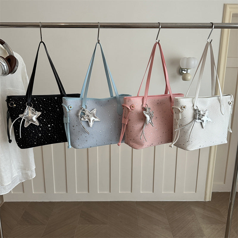 Star-Accented Faux Leather Tote Bag