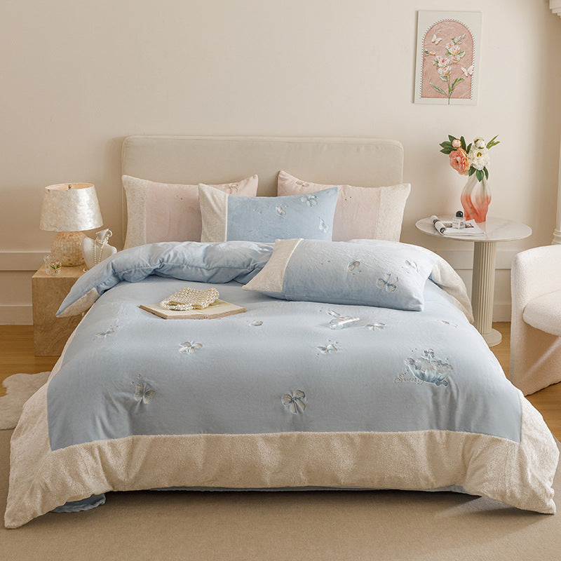 Plush Embroidered Bow Motif Sherpa-Trim Duvet Cover & Pillow Sham Set