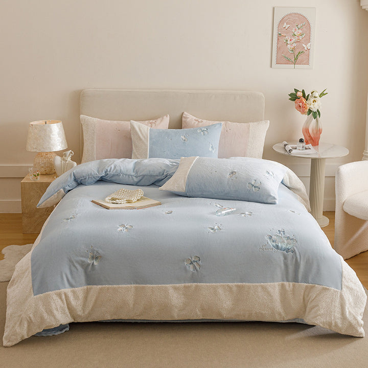 Plush Embroidered Bow Motif Sherpa-Trim Duvet Cover & Pillow Sham Set