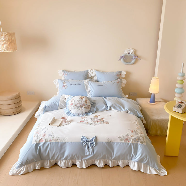 Ruffled Embroidered Cotton Sateen Bedding Ensemble with Decorative Round Pillow & Ruffled Skirt