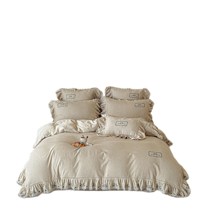 Vintage-Inspired Hand-Embroidered Scalloped Linen Duvet Cover Set with Crocheted Trim and Ruffled Pillow Shams