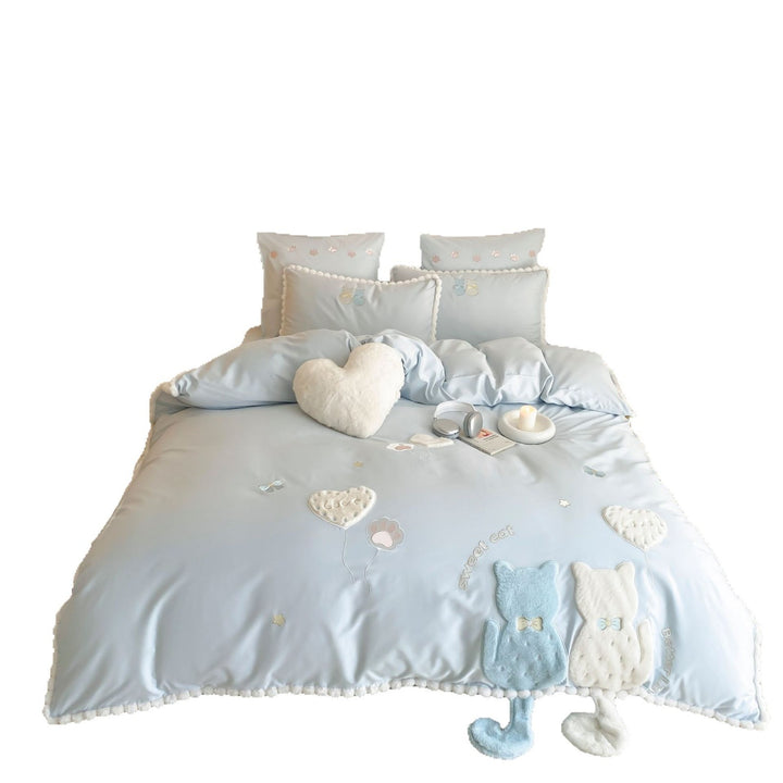 Cute bedding set made of fine satin with 3D cat appliqués, pompom trim & decorative pillow