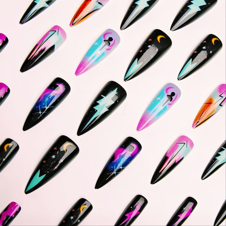 Creative artificial nails with neon light flash design Stornfield