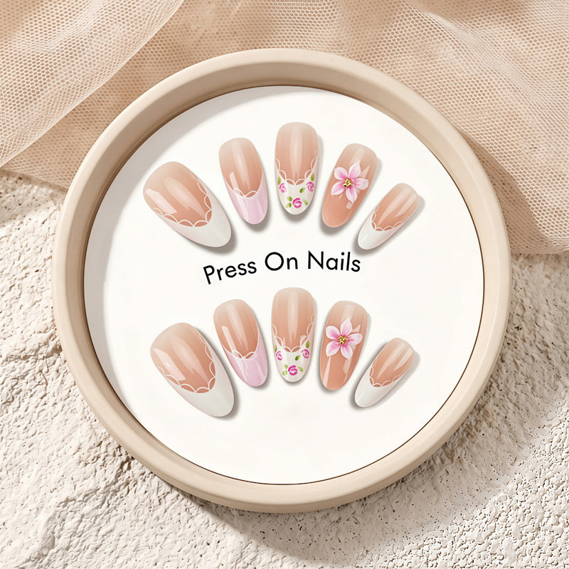 Artistic Press-On Nail Set with Floral Accents Stornfield 1789389180