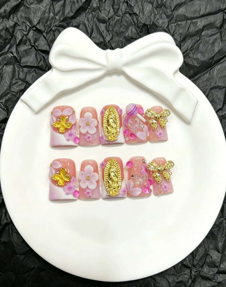 Decorative Press-On Nail Art Set with Floral and Butterfly Accents