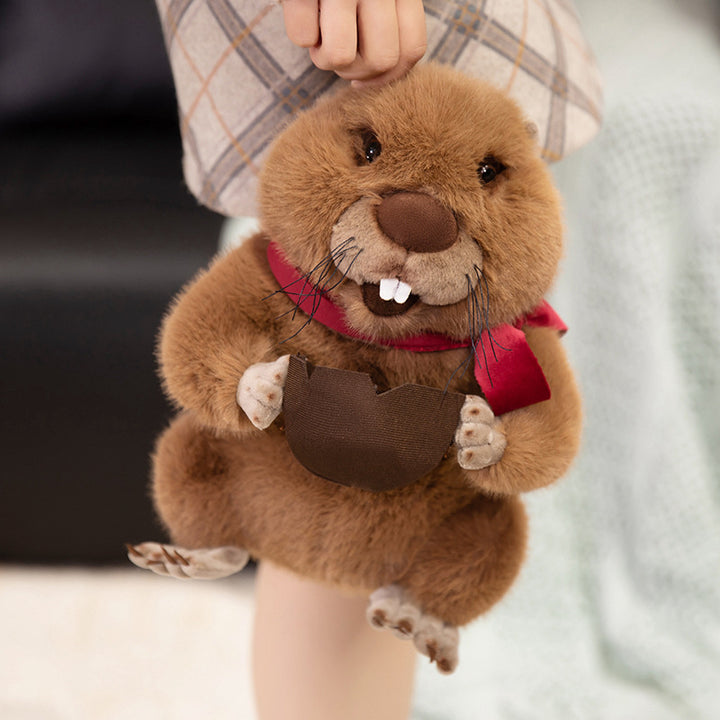 Plush Beaver Collectible Cuddle Toy with Walnut Prop, Red Scarf & Embroidered Details Stornfield